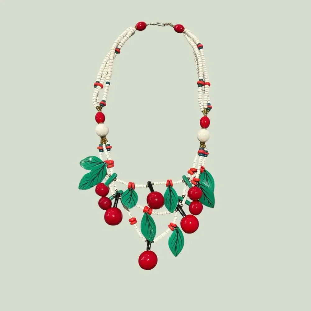 Vintage Cherry Fruit Necklace Wood Beads Green Leaves Statement Bib Red & White